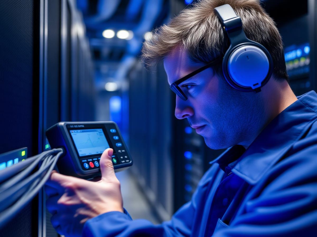 Técnico realizando certificação de fibra óptica com equipamento OTDR